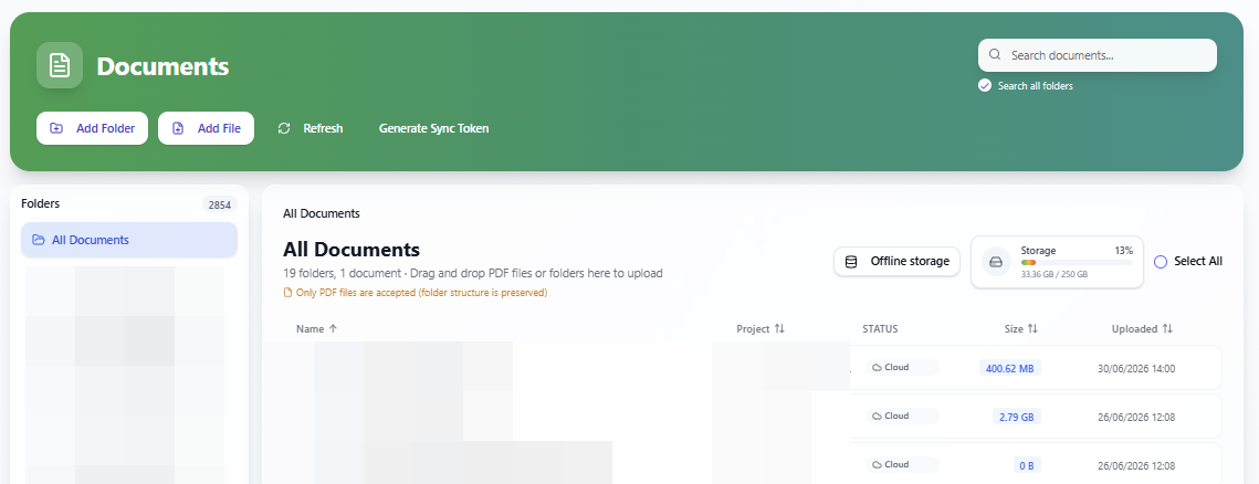SubbieSure document storage with folders, projects and cloud files