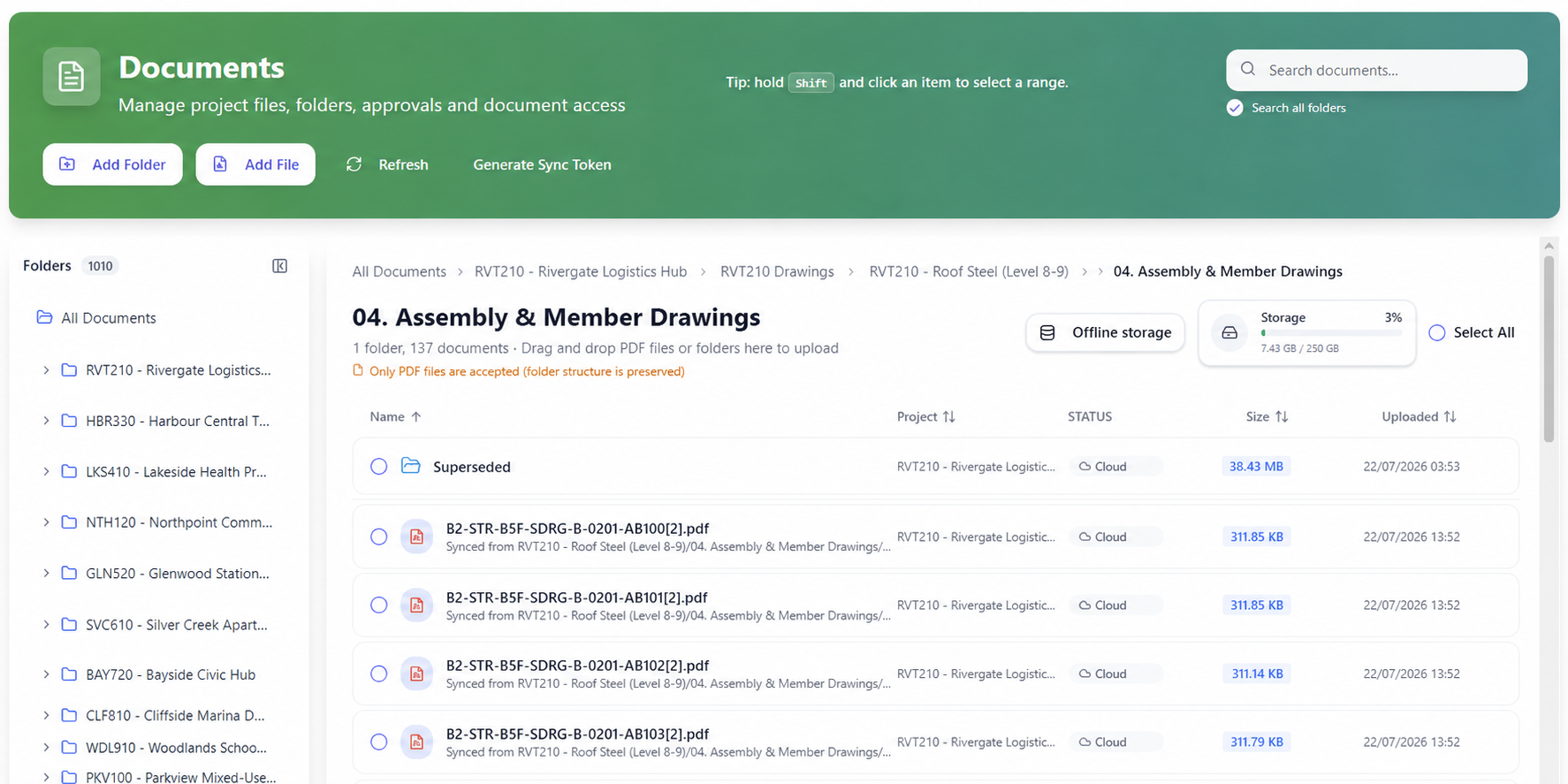SubbieSure document storage with folders, projects and cloud files
