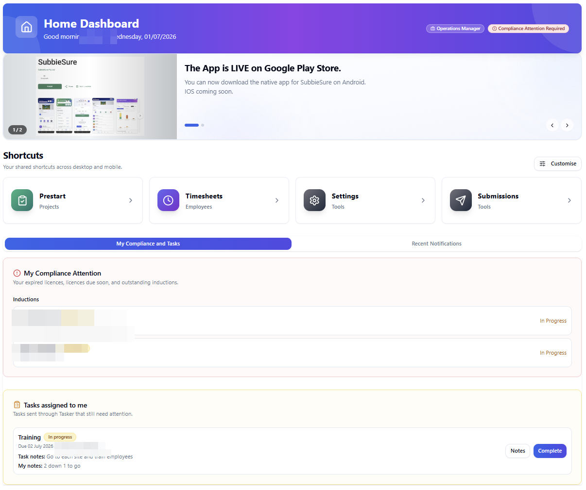 SubbieSure home dashboard showing shortcuts, compliance attention and assigned tasks