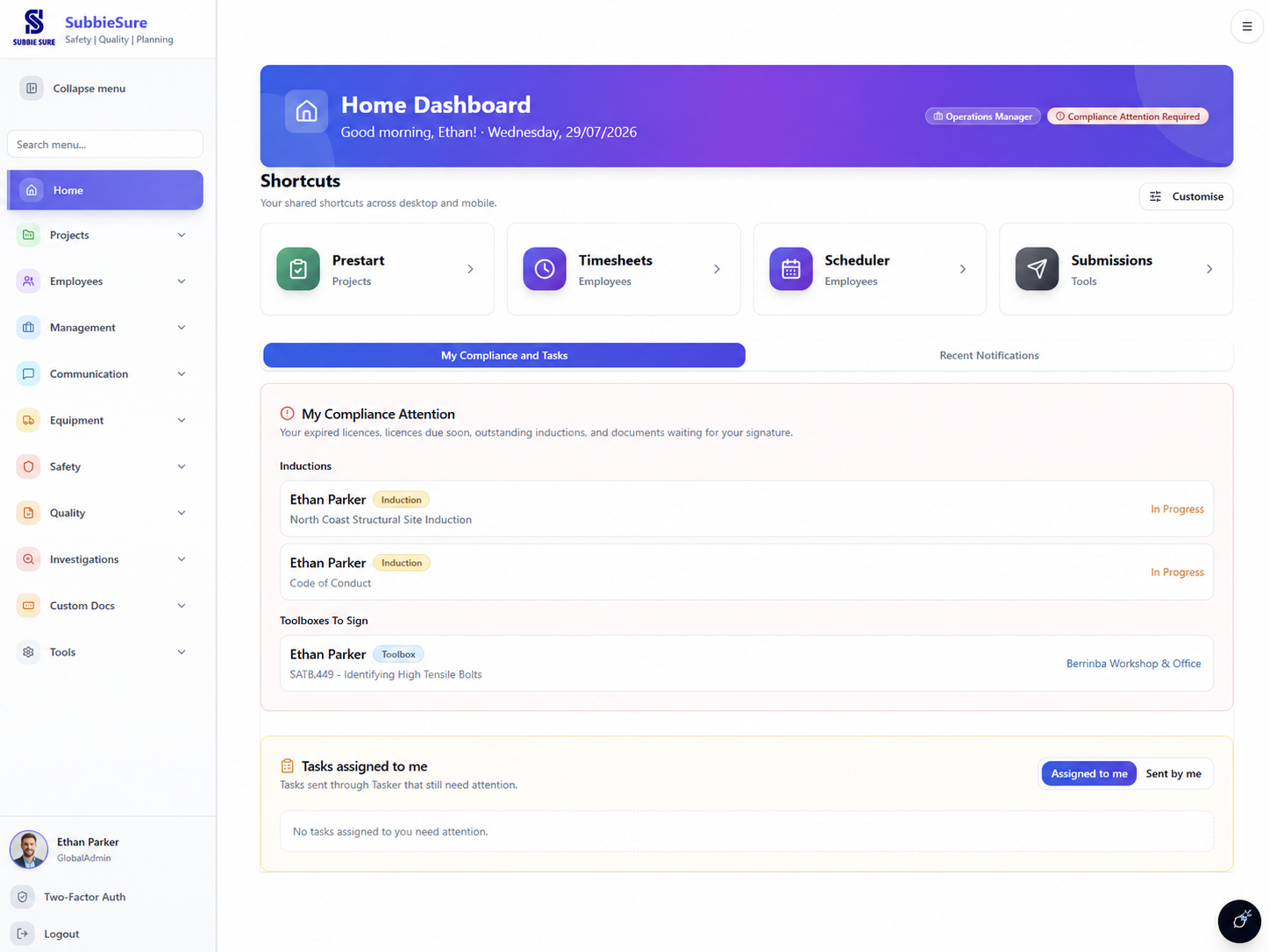 SubbieSure home dashboard showing shortcuts, compliance attention and assigned tasks