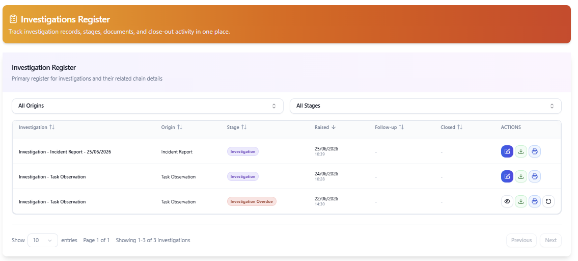 SubbieSure investigations register showing origin, stage, raised date and follow-up for each investigation