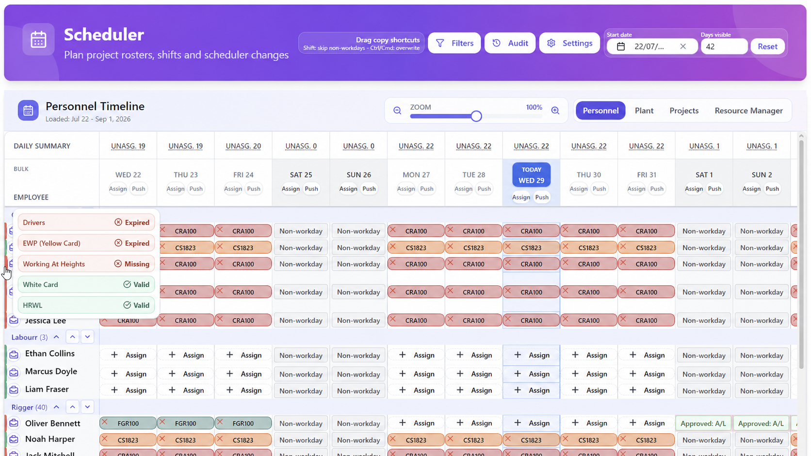 SubbieSure personnel scheduler assigning shifts across crews