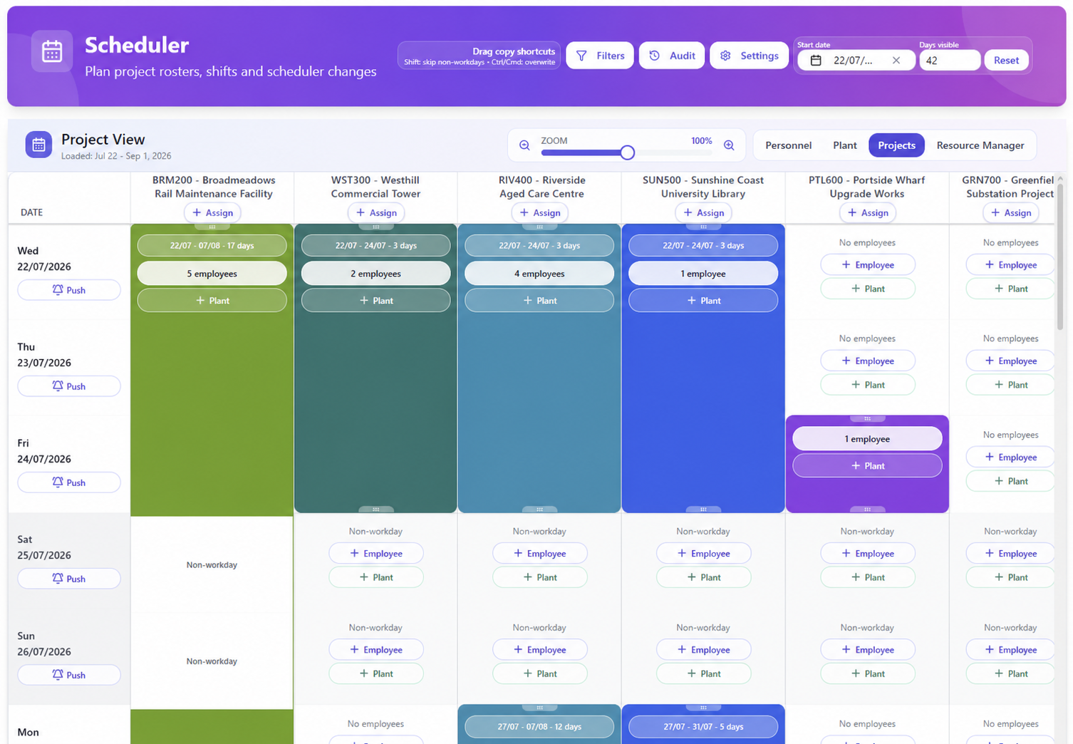 SubbieSure project scheduler assigning employees and plant across projects