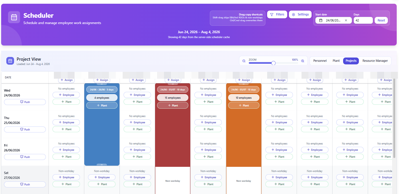 SubbieSure scheduler assigning employees and plant across projects