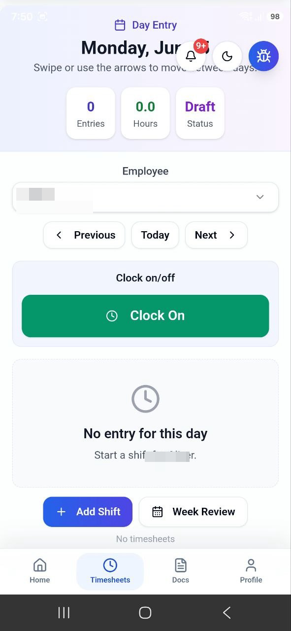 SubbieSure mobile timesheet with clock on and off