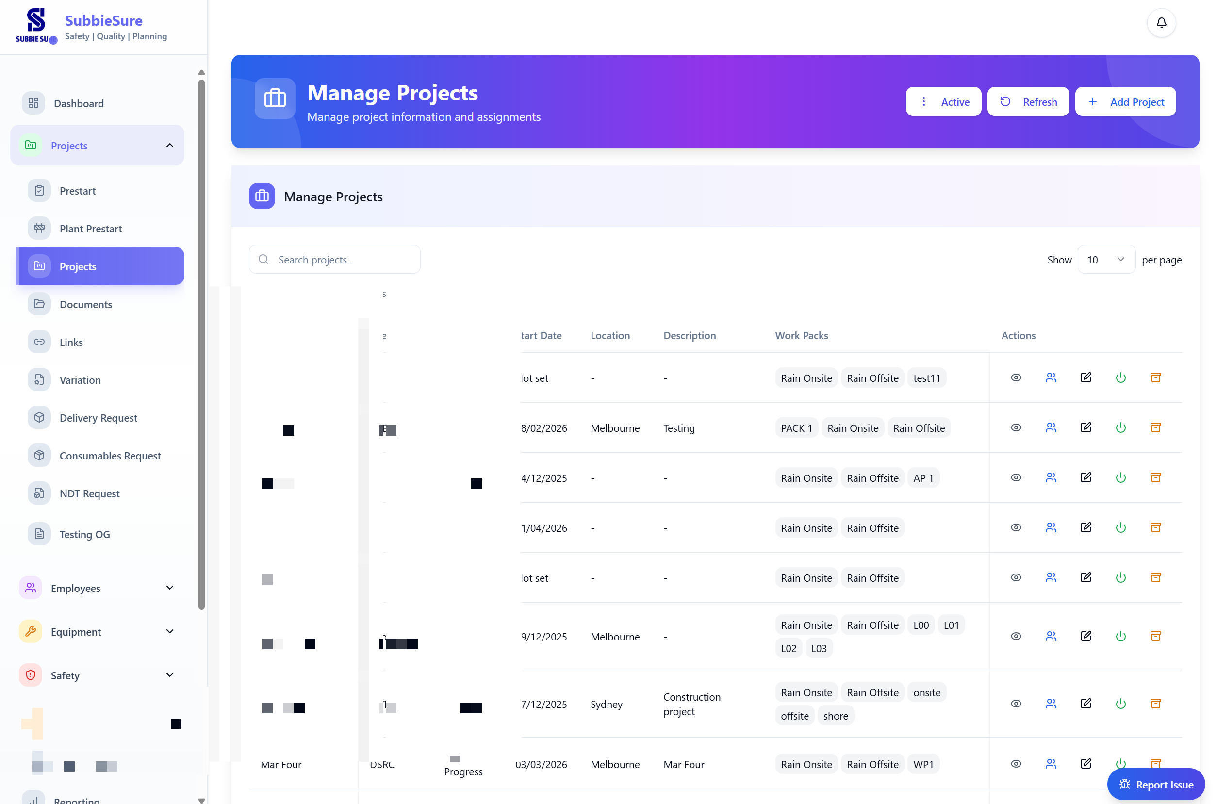 SubbieSure Manage Projects